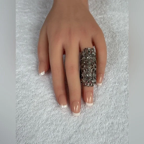 Boho Silver Tone Filigree Full Finger Ring with Rhinestones - Picture 4 of 12